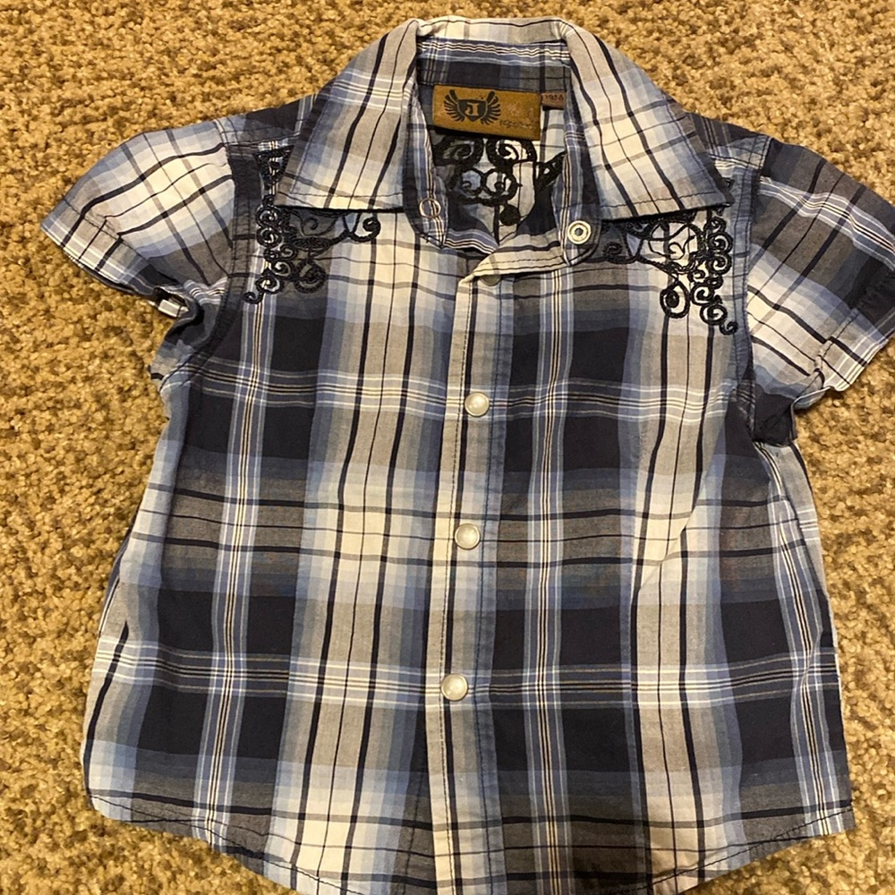 Girls size 18m 100% cotton Pearl snap embroidered plaid Western shirt